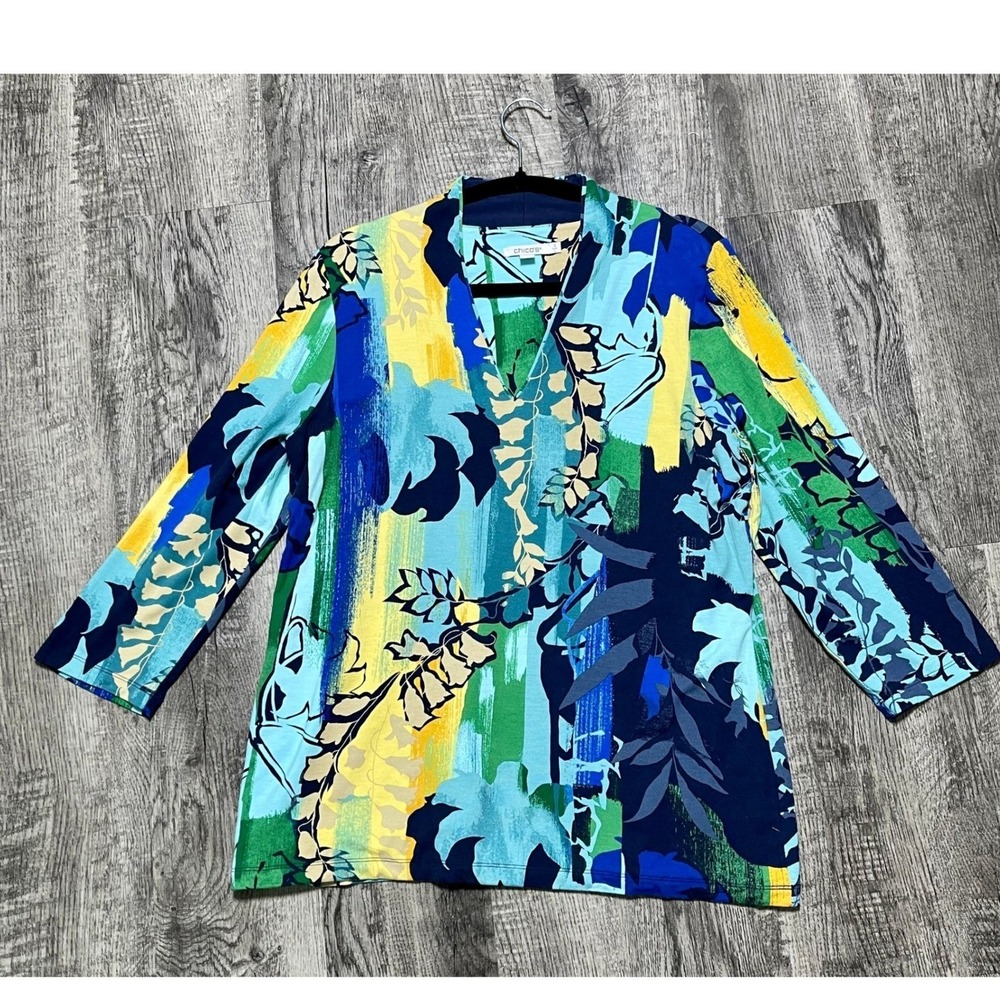 Chicos V-Neck Tunic Women Sz 2 / US L Blue Yellow Abstract Floral 3/4 Sleeve Top - Picture 2 of 9